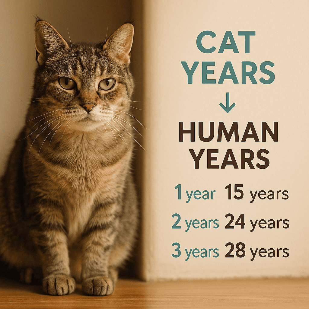 Senior cat sitting beside a simple cat years to human years scale illustration.