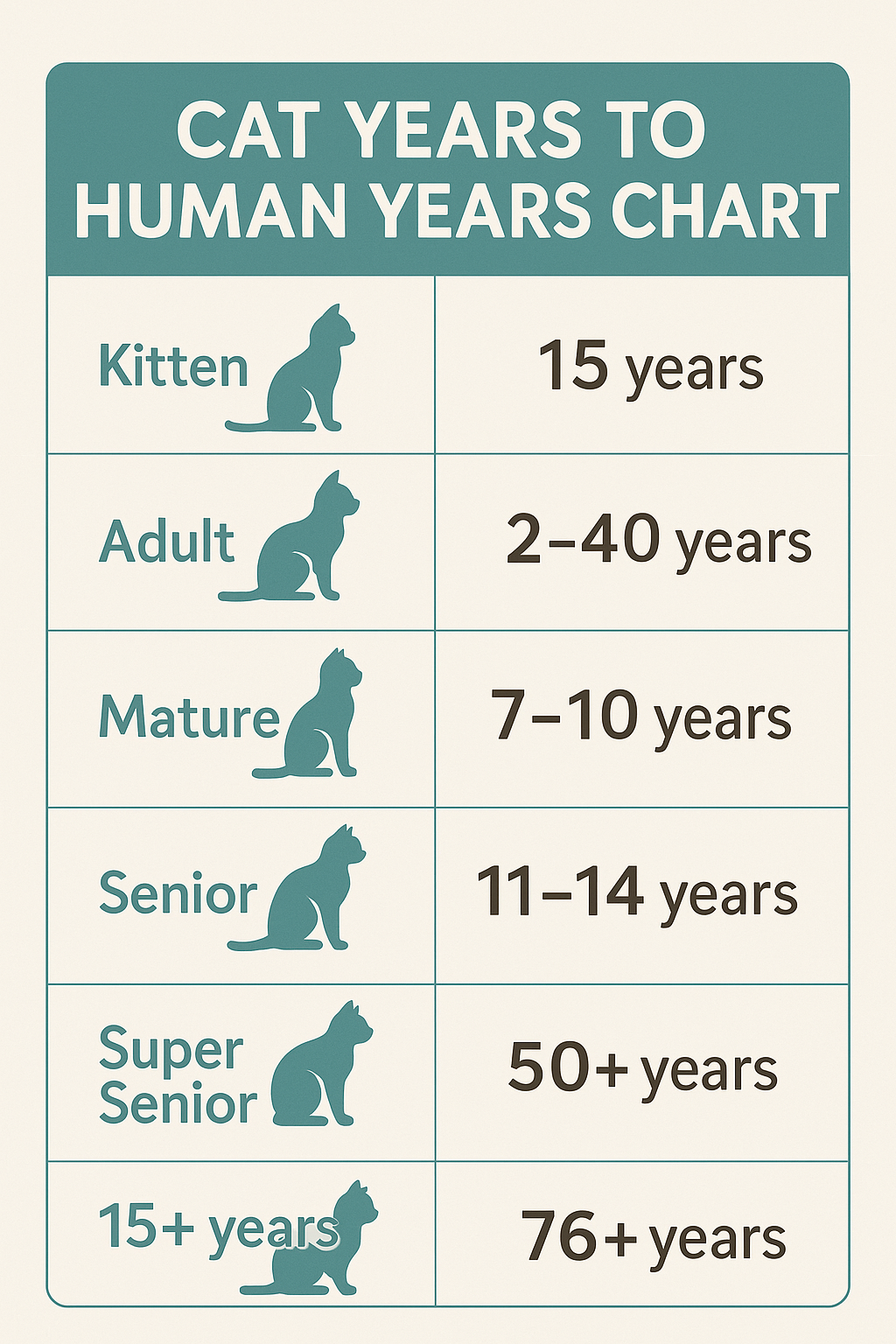 Cat years to human years chart showing life stages from kitten to super senior.