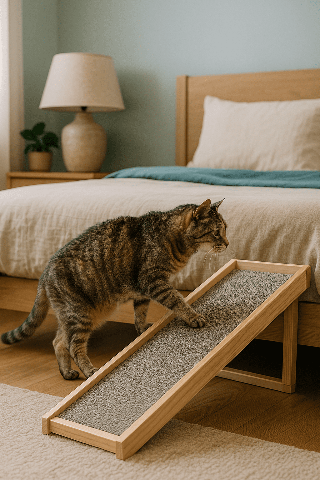 Senior tabby cat using a DIY cat ramp beside a bed for easier access.
