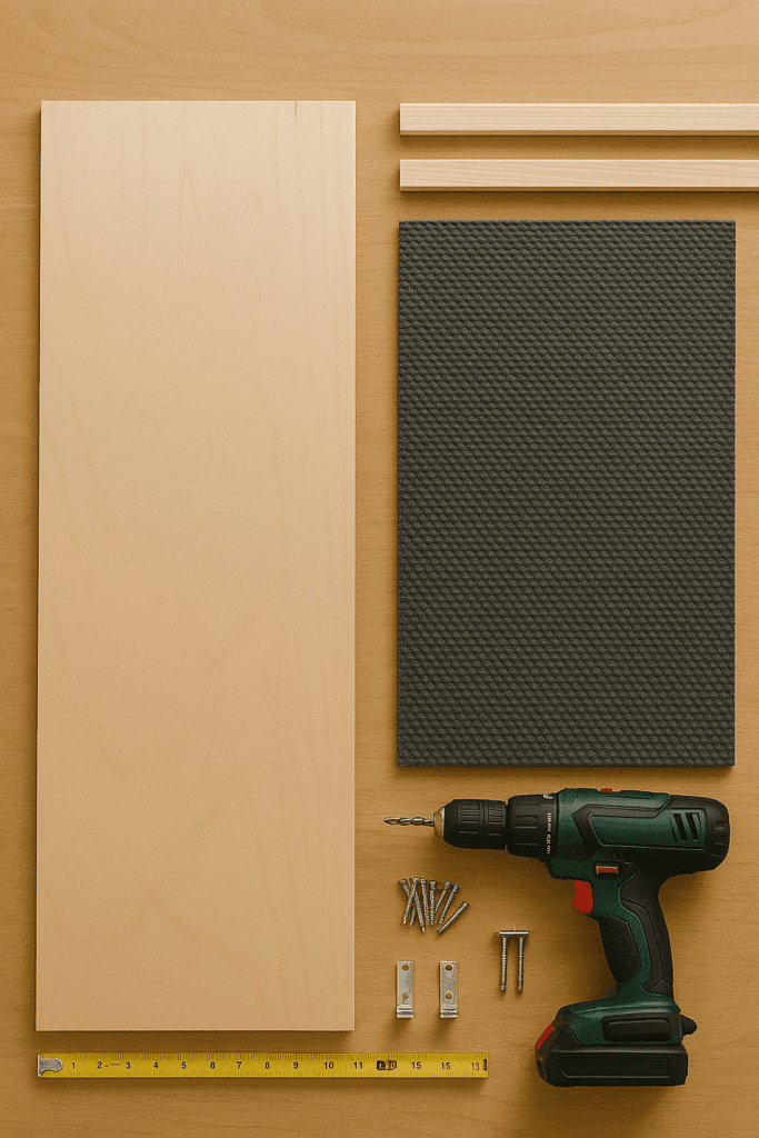 Materials needed to build a DIY cat ramp, including plywood, rails, screws, and carpet.