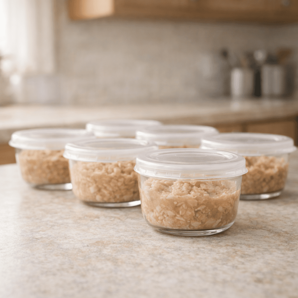 Portioned homemade cat food stored safely in containers