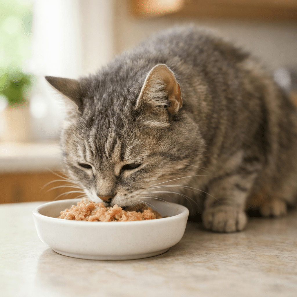 Senior cat eating homemade wet food from a bowl