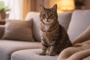 Senior cat resting on a couch showing subtle signs of discomfort.