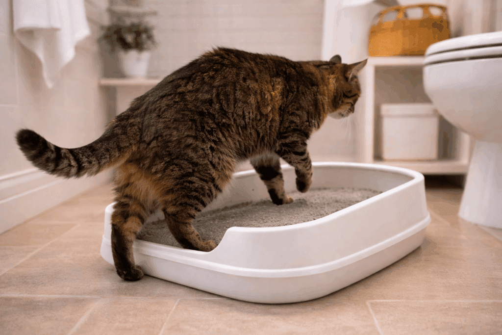 Senior cat stepping into a low-entry litter box.