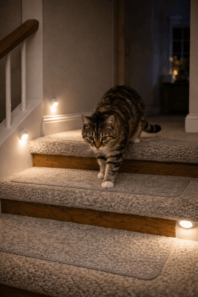 Night lights helping a senior cat see stairs clearly