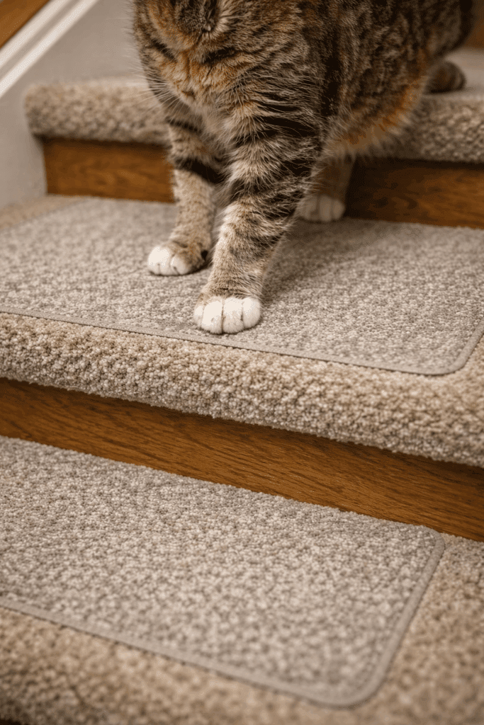 Non-slip stair treads helping a senior cat climb safely