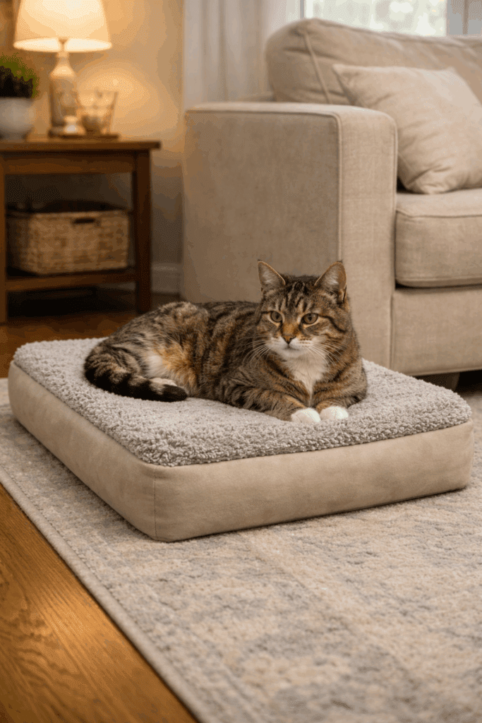 Senior cat resting on an orthopedic bed to reduce stair climbing