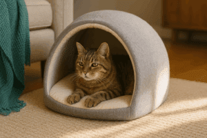 Senior cat resting inside an orthopedic cat house designed for indoor comfort.