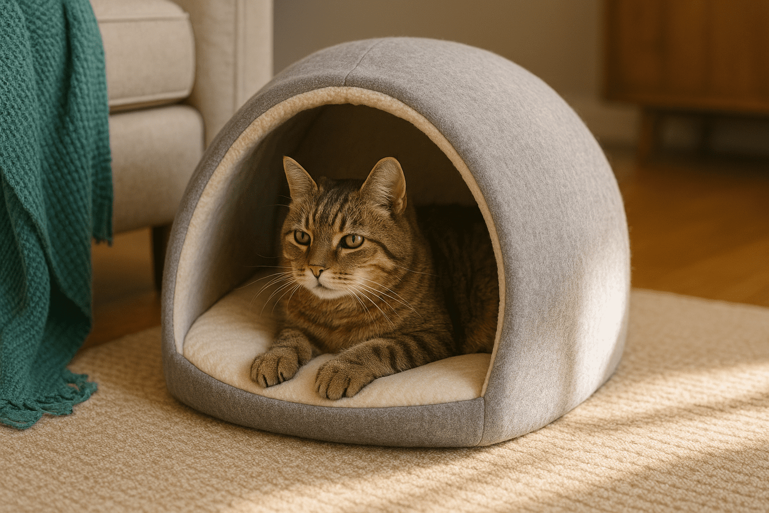 Senior cat resting inside an orthopedic cat house designed for indoor comfort.