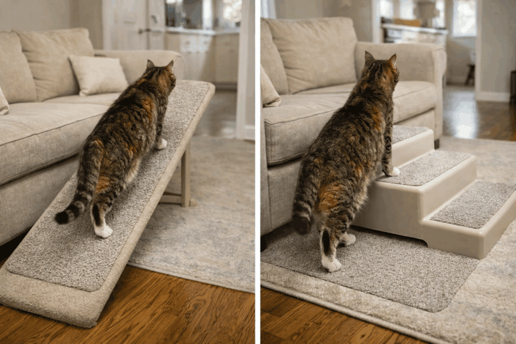Senior cat using a ramp compared to pet stairs for furniture access