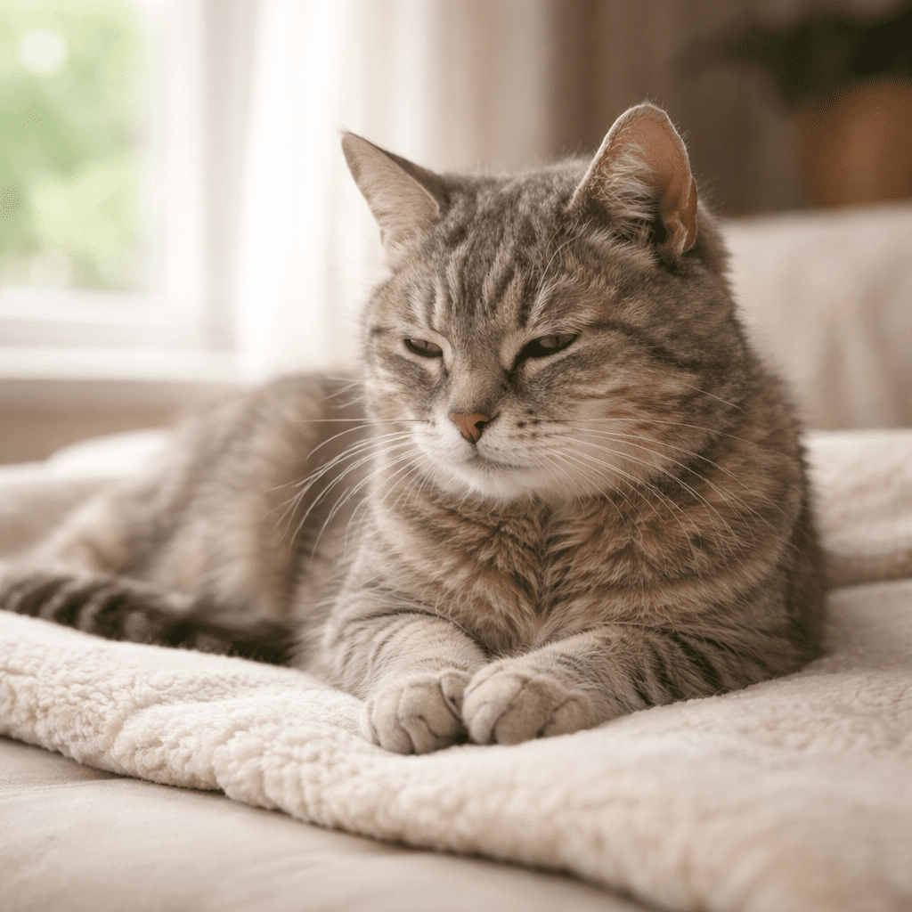 Older cat resting comfortably in sunlight at home