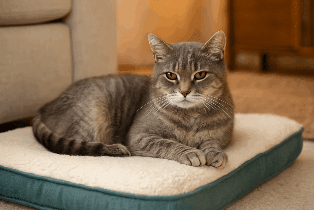 Senior cat resting on a soft orthopedic bed in a warm home environment.