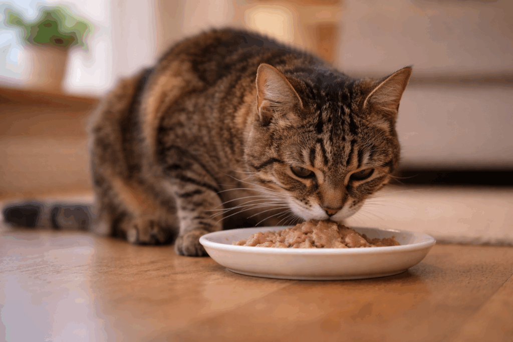 Senior cat eating soft wet food from a shallow dish.
