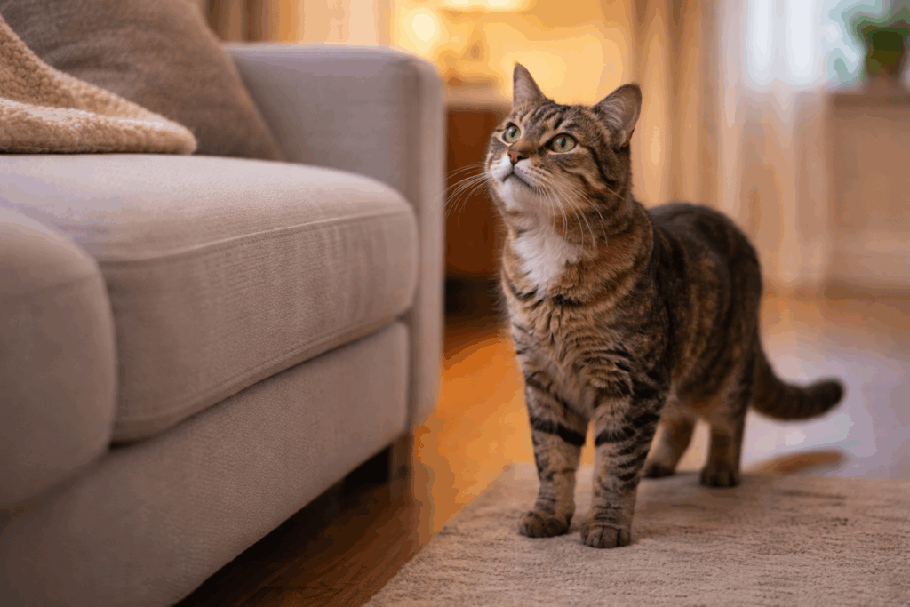 Older cat hesitating before jumping onto a sofa.