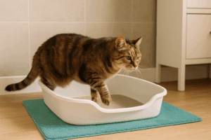 Senior cat stepping into a low-entry litter box designed for older cats with mobility issues.