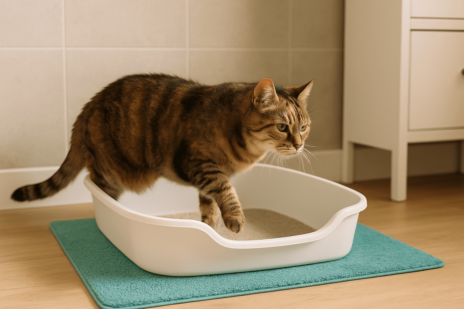 Senior cat stepping into a low-entry litter box designed for older cats with mobility issues.