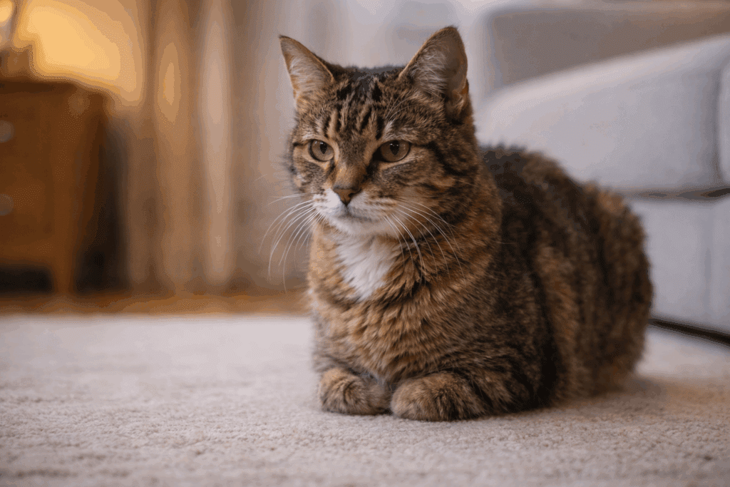 Senior cat with slightly unkempt coat, a possible sign of pain.
