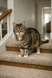 Senior cat using carpeted stairs safely inside the home