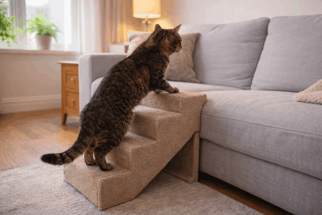 Senior cat using pet stairs to reach a couch.