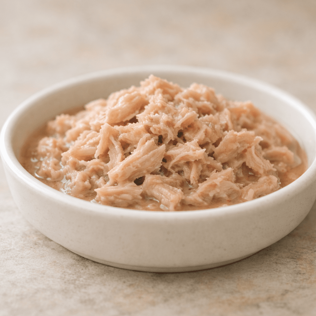Soft shredded homemade food suitable for senior cats
