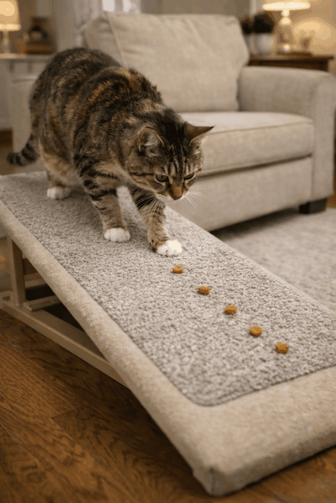 Senior cat learning to use a ramp with treats