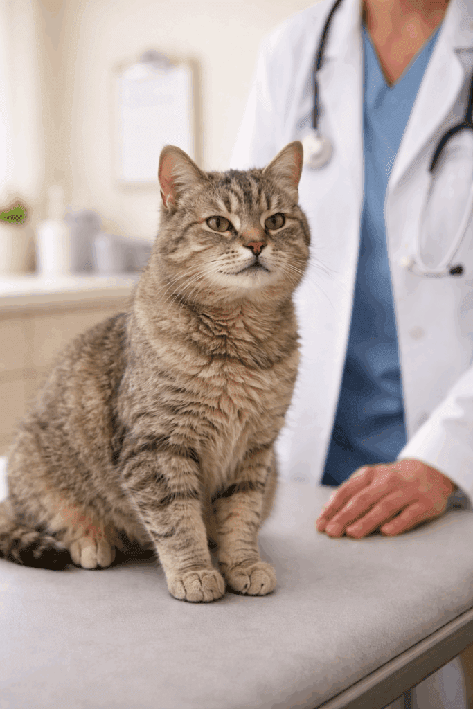 Senior cat calmly sitting in a veterinary clinic