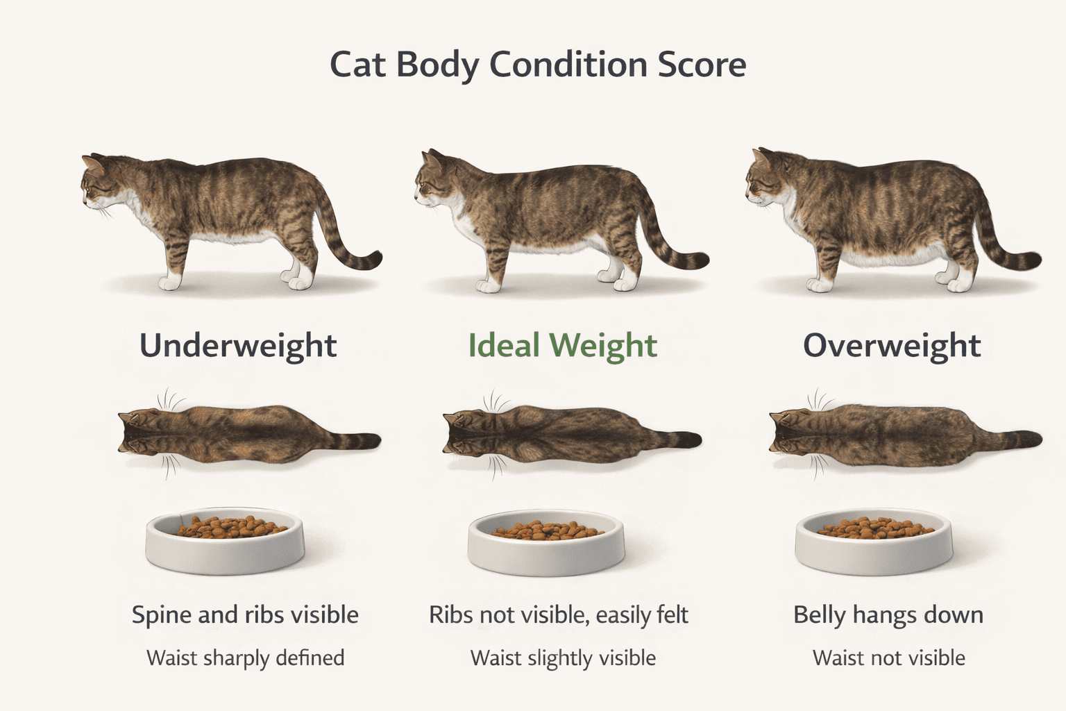 Cat body condition score chart showing underweight, ideal weight, and overweight cats
