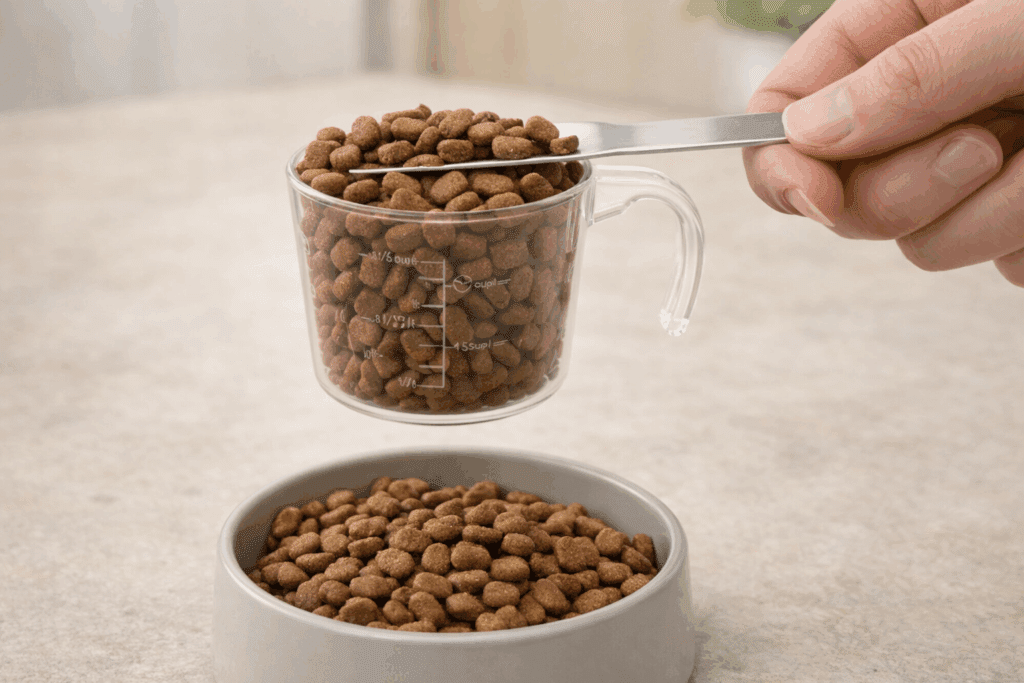 Measuring dry cat food portions using a measuring cup
