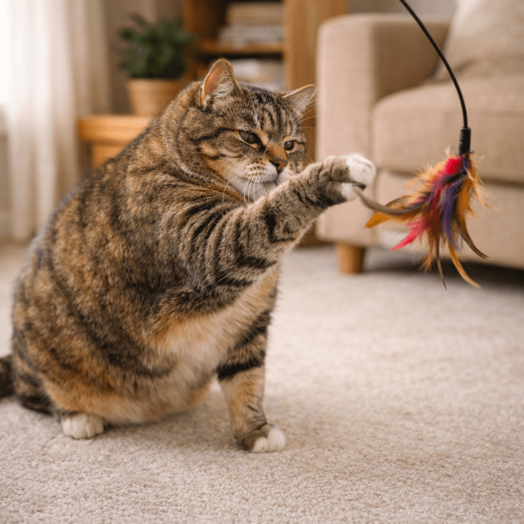 Senior cat engaging in gentle indoor play for weight management