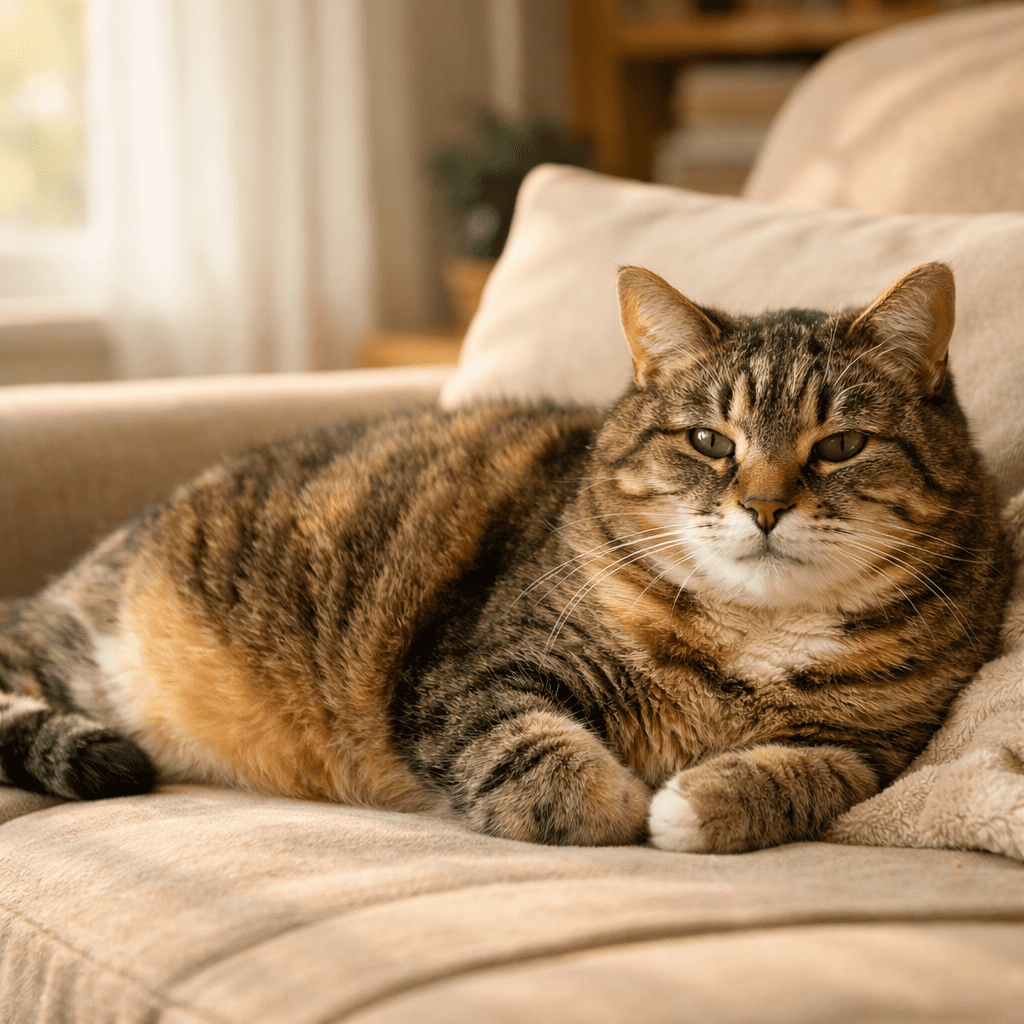 Senior cat gaining weight while resting indoors at home